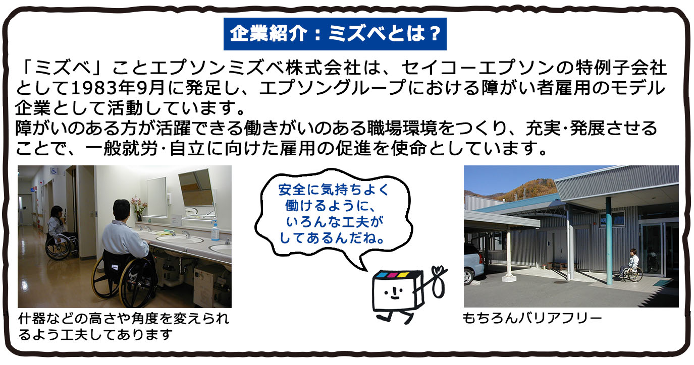 企業紹介：ミズベとは？　ミズベことエプソンミズベ株式会社は、セイコーエプソングループの特例子会社として1983年9月に発足し、エプソングループにおける障がい者雇用のモデル企業として活動しています。障がいのある方が活躍できる働きがいのある職場環境をつくり、充実・発展させることで、一般就労・自立に向けた雇用の促進を使命としています。什器などの高さや角度を変えられるよう工夫してある洗面所。もちろんバリアフリー。安全に気持ちよく働けるようにいろんな工夫がしてあるんだね。