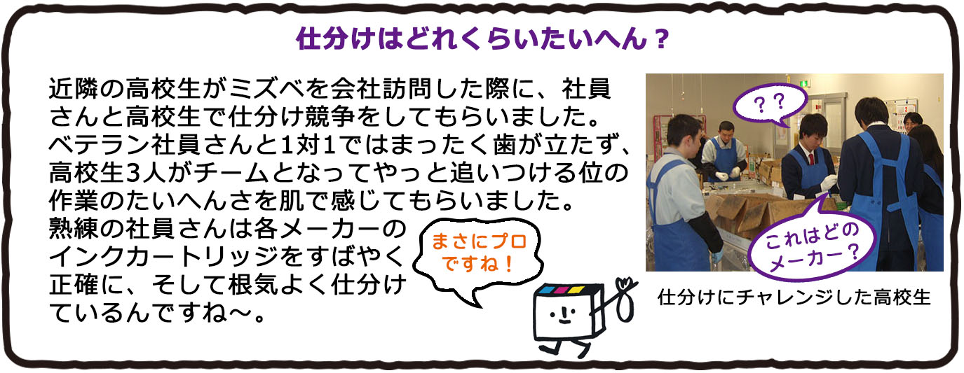 仕分けはどれくらいたいへん？　近隣の高校生がミズベを会社訪問した際に、社員さんと高校生で仕分け競争をしてもらいました。ベテランの社員さんと１対１では全く歯が立たず、高校生３人がチームとなってやっと追いつける位の作業の大変さを肌で感じてもらいました。熟練の社員さんは各メーカーのインクカートリッジを素早く正確に、そして根気よく仕分けているんですね～。